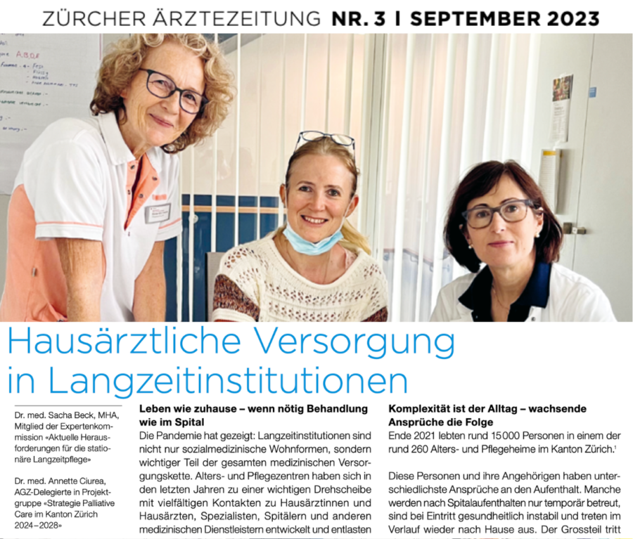 Fotoausschnitt aus der Zürcher Ärztezeitung zu einem Artikel über hausärztliche Versorgung in Langzeitinstitutionen. Auf dem Bild ist auch Heike Hess von Palliaviva, Palliative Care, zu sehen.