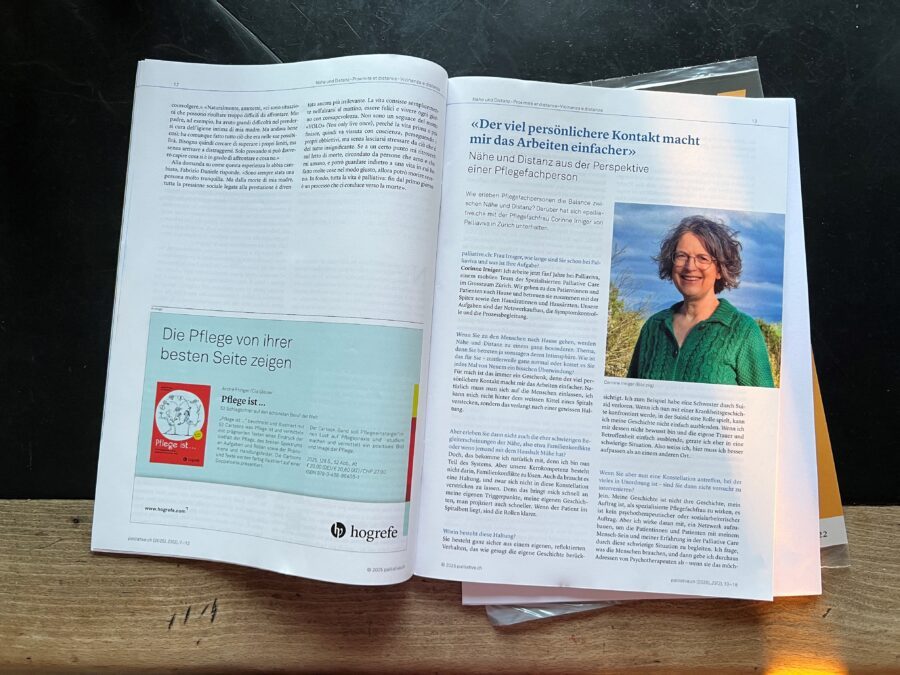 Ein Foto von der Zeitschrift palliative.ch mit einem Interview mit Palliaviva-Mitarbeiterin Corinne Irniger.