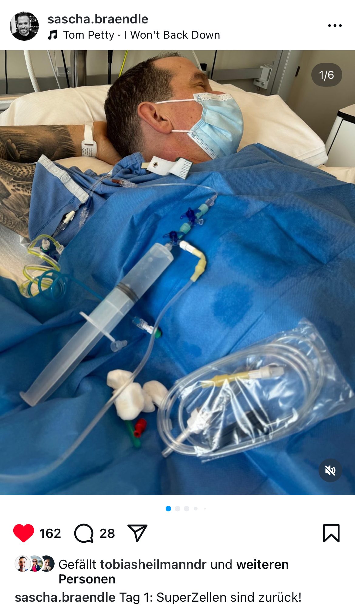 Instagram-Beitrag von Sascha Brändle während der CAR-T-Zelltherapie.